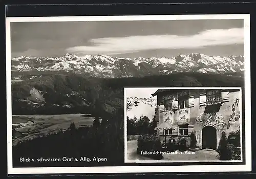 AK Isny, Teilansicht des Gasthaus zum Adler, Blick auf die Alpen