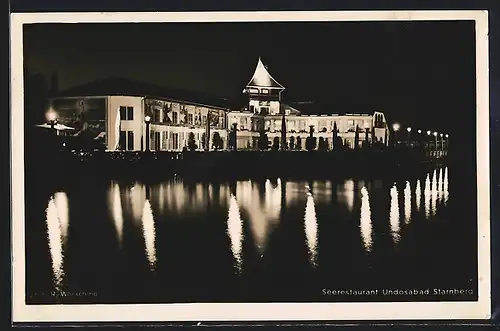 AK Starnberg, Blick auf das Seerestaurant Undosabad bei Nacht