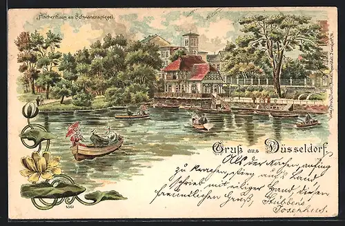 Lithographie Düsseldorf, Fischerhaus am Schwanenspiegel, Ruderer auf dem Wasser