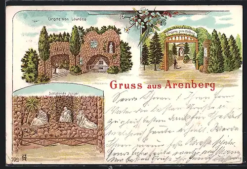 Lithographie Arenberg, Eingang zum Oelberg, Grotte von Lourdes, Schlafende Jünger