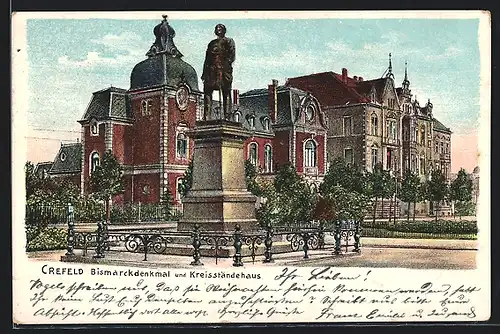 Lithographie Crefeld, Bismarckdenkmal und Kreisständehaus