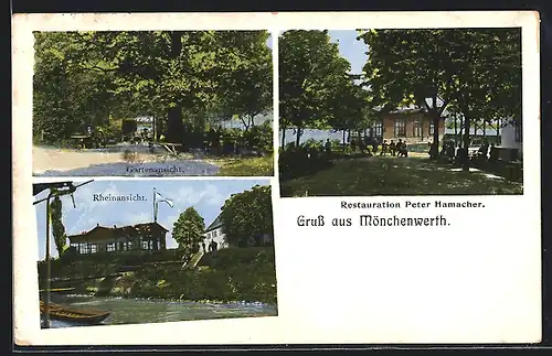 AK Mönchenwerth, Restaurant Peter Hamacher, Gartenansicht, Rheinansicht