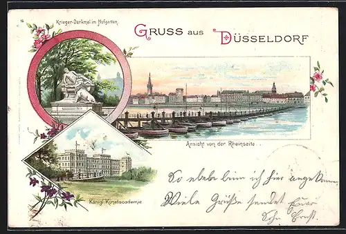 Lithographie Düsseldorf, Ansicht von der Rheinseite, Krieger-Denkmal im Hafen