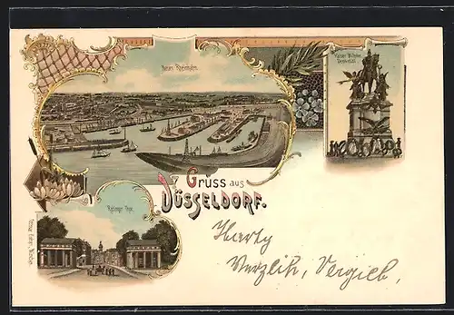 Lithographie Düsseldorf, Neuer Rheinhafen, Ratinger Tor, Kaiser-Wilhelm-Denkmal