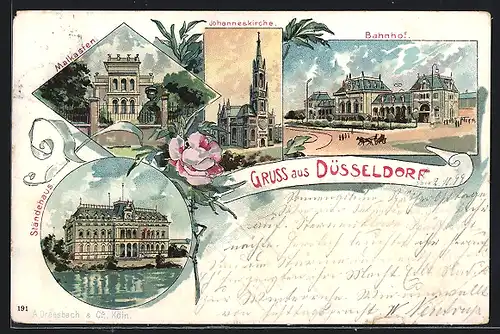 Lithographie Düsseldorf, Bahnhof, Malkasten, Johanneskirche, Ständehaus