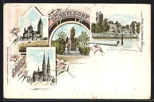 Lithographie Düsseldorf, St. Rochus Kirche, St. Maria Empfängniskirche, Corneliusdenkmal, Ruine im Zoologischen Garten