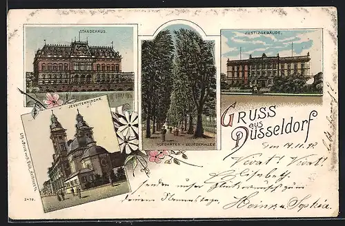 Lithographie Düsseldorf, Ständehaus, Jesuitenkirche, Justizgebäude