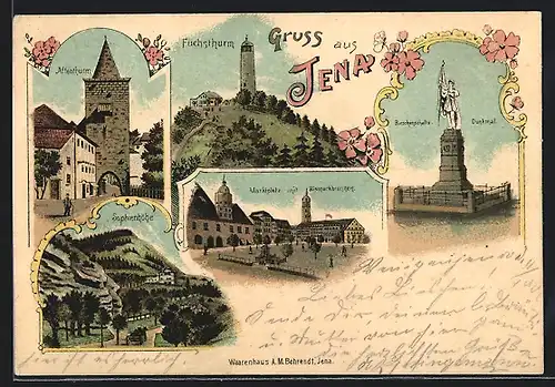 Lithographie Jena, Fuchsturm, Affenturm, Marktplatz mit Bismarckbrunnen