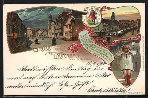 Lithographie Lauterbach / Hessen, beleuchtete Strasse bei Nacht, Abenddämmerung, weinendes Mädchen, Wappen