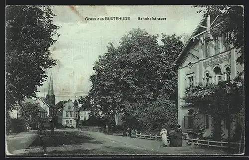 Mondschein-AK Buxtehude, Bahnhofstrasse bei Pepers Hotel