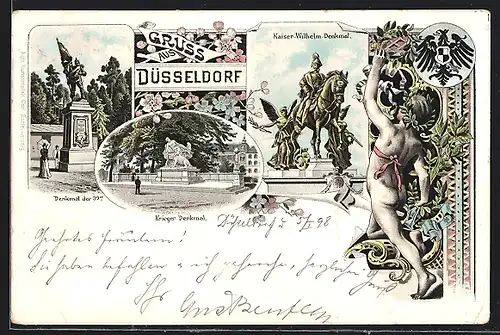 Lithographie Düsseldorf, Denkmal der 39er, Krieger-Denkmal, Kaiser-Wilhelm-Denkmal