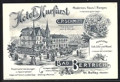 Lithographie Bad Bertrich, Hotel Kurfürst, Pension Schmitt, Käsegrotte