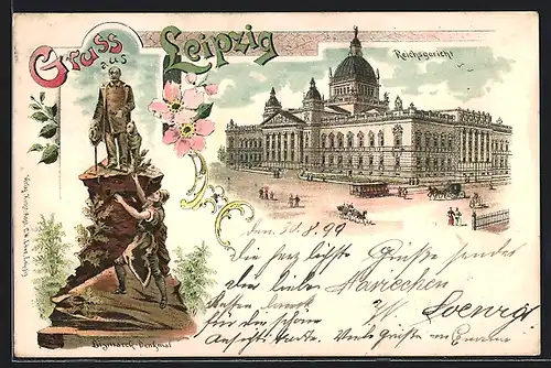 Lithographie Leipzig, Reichsgericht und Bismarck-Denkmal