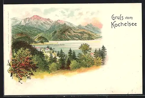 Lithographie Kochel, Kochelsee mit Gasthof z. grauen Bären