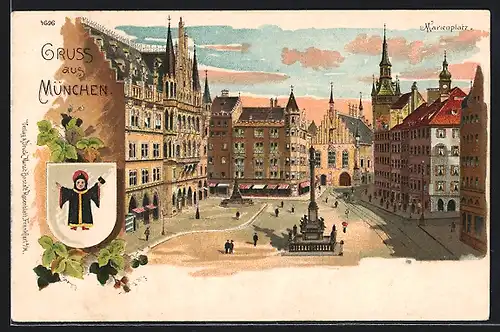 Lithographie München, Marienplatz mit Denkmal, Wappen