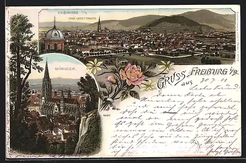 Lithographie Freiburg i. B., Teilansicht vom Lorettoberg, Münster