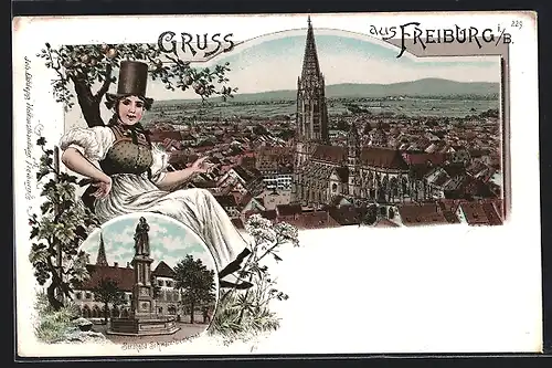 Lithographie Freiburg i. B., Münster, Berthold Schwarz-Denkmal, Frau in Tracht