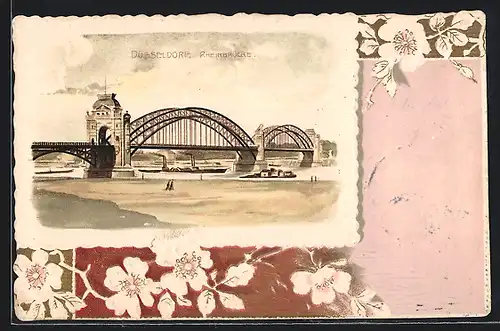 Präge-AK Düsseldorf, Rheinbrücke, Passepartout mit Blumen