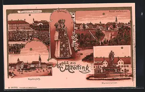 Sonnenschein-AK Altötting, Marienbrunnen, Kapellenplatz, Prozession, Gnadenbild