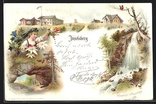 Lithographie Inselsberg, Hotels, Thorstein, Wasserfall im Trusenthal, Mädchen in Tracht