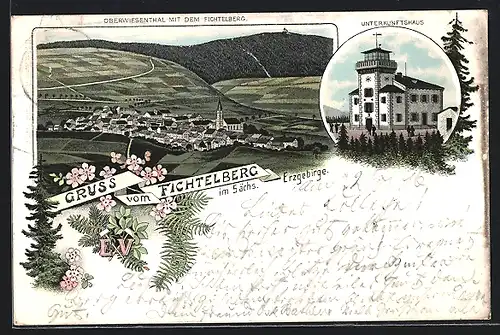 Lithographie Oberwiesenthal, Ortsansicht & Fichtelberghaus