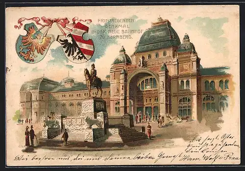 Lithographie Nürnberg, Prinzregentendenkmal am neuen Bahnhof