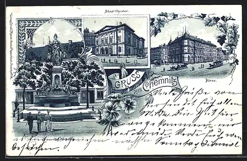 Lithographie Chemnitz, Stadttheater, Börse, Saxonia-Brunnen, Pferdebahn