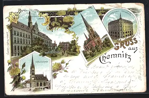 Lithographie Chemnitz, Geschäftshaus Königsfeld & Co., Rathaus und Börse