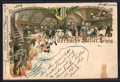 Lithographie Leipzig, Goethezimmer und Faustkeller im Gasthaus Auerbach`s Keller