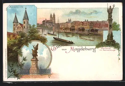 Lithographie Magdeburg, Denkmal im Herrenkrug, Marienkirche