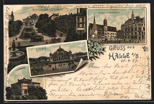 Lithographie Halle /Saale, Rathaus und Rathskeller, Centralbahnhof, Universität