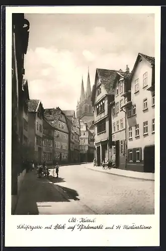 AK Kassel, Schäfergasse mit Blick auf Pferdemarkt und St. Martinstürme