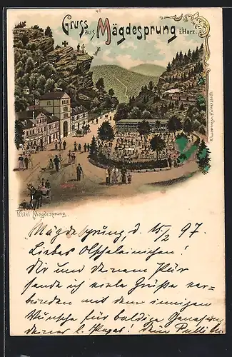 Lithographie Mägdesprung i. Harz, Ortsansicht mit Hôtel