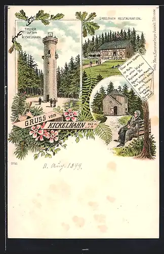 Lithographie Ilmenau, Gabelbach-Restaurant, Thurm auf dem Kickelhahn, Goethehäuschen, davor der Dichter