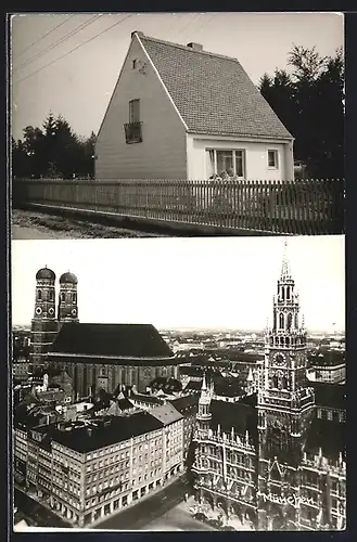 AK München, Wohnhaus, Rathaus und Frauenkirche