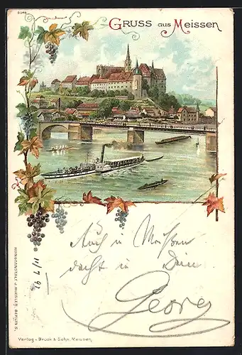 Lithographie Meissen, Dampfer unter der Brücke, Schloss Albrechtsburg