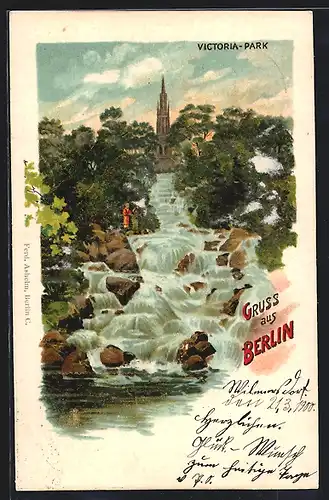 Lithographie Berlin-Kreuzberg, Wasserfall im Victoria-Park