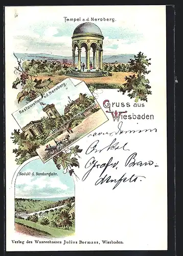 Lithographie Wiesbaden, Restauration und Tempel auf dem Neroberg, Viadukt der Nerobergbahn