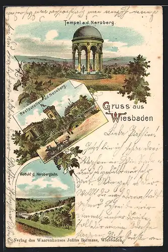 Lithographie Wiesbaden, Restauration und Tempel auf dem Neroberg, Viadukt der Nerobergbahn