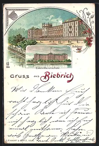 Lithographie Biebrich / Rhein, Unterofficierschule, Schloss