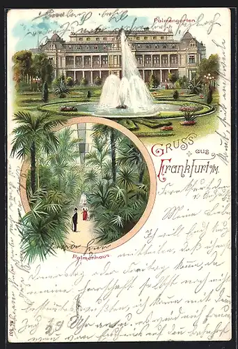 Lithographie Frankfurt-Westend, Palmengarten, Innenansicht vom Palmenhaus