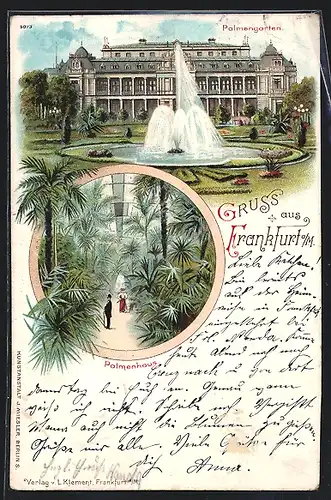 Lithographie Frankfurt-Westend, Palmengarten, Innenansicht vom Palmenhaus