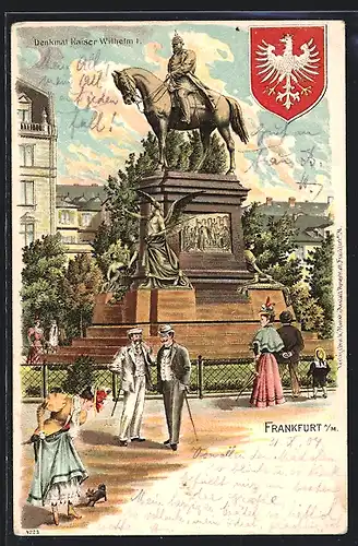 Lithographie Frankfurt a / M., Denkmal Kaiser Wilhelm I. und Wappen