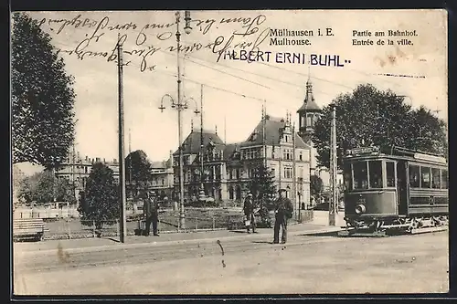 AK Mülhausen i. E., Partie am Bahnhof, Strassenbahn