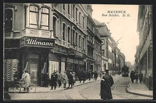 AK Mayence, Rue Schiler, Strassenbahn