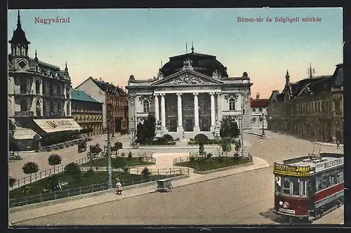 AK Nagyvárad, Bémer-tér Szigligeti szinház, Strassenbahn