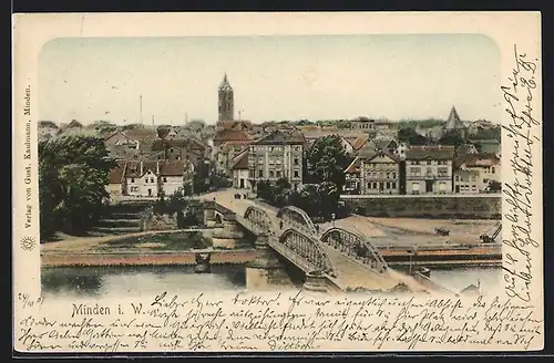 AK Minden i. W., Blick über die Brücke in die Stadt