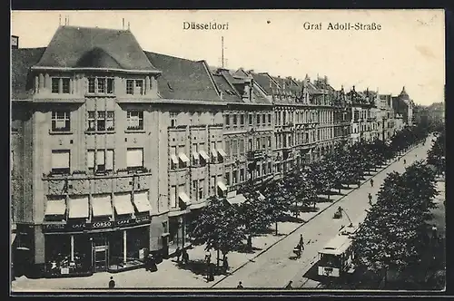 AK Düsseldorf, Graf-Adolf-Strasse mit Strassenbahn