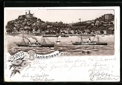 Lithographie Hamburg-Blankenese, Blick von der Elbe zum Süllberg, Dampfer