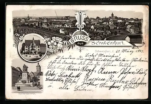 Vorläufer-Lithographie Schweinfurt, 1893, Rathaus, Rückertdenkmal, Ortsansicht